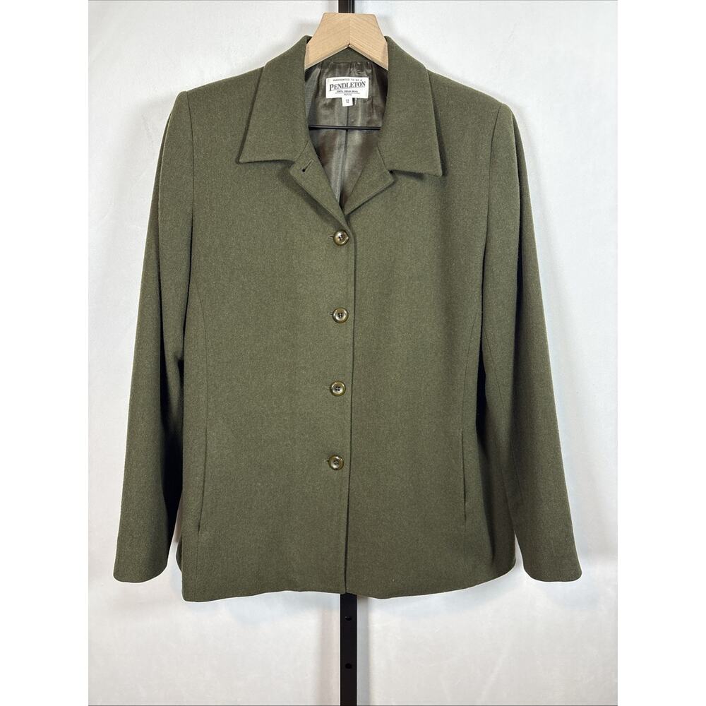 VTG Pendleton 100% Virgin‎ Wool Blazer Jacket Women's 12P Olive Green Pockets